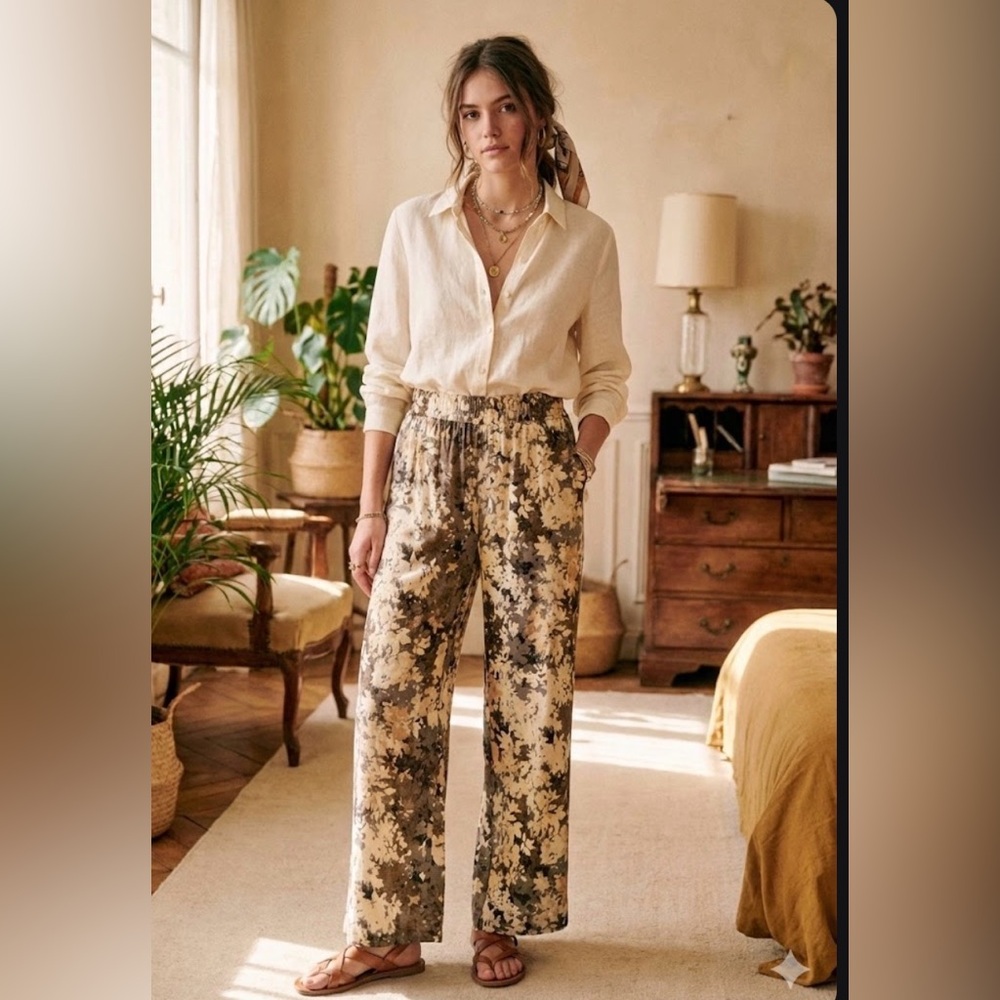 NWT‎ QVC Attitude by Renne Floral Print Wide-Leg Pants size L petite